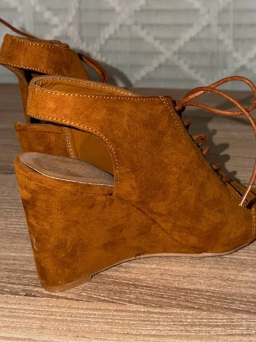 Women's Tan Lace-Up Wedge Sandals